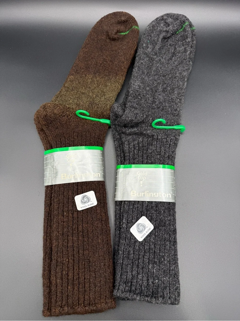 Vintage Burlington Gold Cup Wool Blend Socks Gray Brown 2 Pairs USA 10.5-15 A1